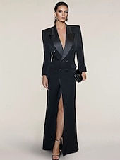 cheap Floor Length-Blazer Dress Mermaid / Trumpet Evening Gown Elegant Dress Pinstripe Tuxedo Dress Zipper Up Wedding Guest Formal Floor Length Long Sleeve Peak lapel collar Satin with Pocket 2025