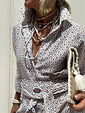 levne Boho šaty-Dámské Maxi šaty Volnočasové šaty Swingové šaty Boho šaty Na běžné nošení Denní Běžný Geometrický 3/4 délka rukávu Košilový límec Rubínově červená Šedá Léto Jaro Podzim