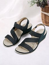 クッションソール付きレディースグリーン伸縮性ストラップウェッジサンダル - カジュアルウェアや旅行に最適な快適な夏用シューズ お買い得  快適なサンダル-クッションソール付きレディースグリーン伸縮性ストラップウェッジサンダル - カジュアルウェアや旅行に最適な快適な夏用シューズ