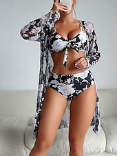 voordelige 3-delige bikiniset-Dames Zwemkleding Driedelig Zwempak Buikcontrole Hoge taille Vakantie Strand Kleding Grafisch V-hals Lange mouw Badpakken