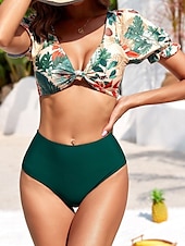 billiga Bikiniset-Dam Badkläder Bikini 2 st Kalsonger Baddräkt Öppen rygg Smal Hög midja Semester Standkläder Blommig V-hals Kort ärm Baddräkter