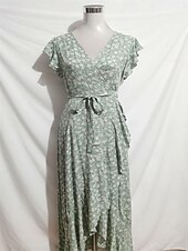 voordelige Casual bloemenjurken-Dames Maxi-jurk Casual jurk Boho chique jurken Bohemen leuke Style Stijlvol Flutter mouw Vakantie Dagelijks Strand Ruim Passend Grafisch Korte mouw V-hals Groen Donkerblauw Zomer Lente