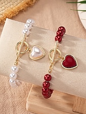 preiswerte Halskette für Damen-Set aus Halskette und Armband aus roten Perlen für Damen mit Herzanhänger, goldfarbenem Verschlussdesign, eleganter Schmuck als Geschenk zum Valentinstag, für Hochzeiten und besondere Anlässe