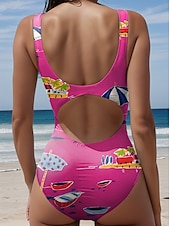 billiga One-piece-baddräkter-Dam Badkläder En bit Monokini Baddräkt Öppen rygg Magkontroll Hög midja Smal Semester Standkläder Grafisk U-hals Ärmlös Baddräkter