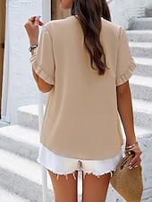 preiswerte Damen Arbeitsoberteile-Damen Hemd Bluse Feste Farbe Basic Brautkleider schlicht Kurzarm Gekerbter Hals Normale Oberteile Täglich Rüsche Rosa Blau Khaki Sommer
