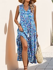 cheap Elegant Floral Dresses-Women&#039;s Midi Dress Casual Dress Swing Dress A Line Dress Tank Dress Casual Daily Regular Fit Floral Sleeveless V Neck Blue Fuchsia Green Summer Spring Fall