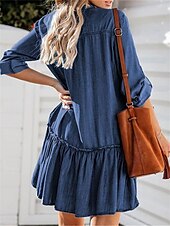 cheap Denim Dresses-Women&#039;s Denim Dress Mini Dress Ruffle Patchwork Casual V Neck Long Sleeve Blue Color