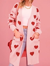 billige casual jakker-Dame Genser Kofte Elegant Mote Gatemote Hjerte Åpen Forside Lomme Strikket Langermet Vanlige topper Strikke utendørs Daglig Helg Svart Rosa Høst Vinter
