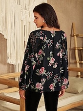 economico Top in Pizzo-Bluse Eleganti in Pizzo per Donna con Occhielli Blusa per San Valentino Top Regolari a Maniche Lunghe Maniche a Lanterna Collo a V Patchwork Fit aderente per il lavoro Top Petits Romantici da