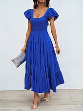 رخيصةأون فساتين الحفلات-فستان نسائي متوسط الطول برقبة مربعة وأكمام قصيرة للصيف والربيع