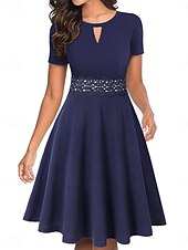 Women's Patchwork Vintage Dress Midi Dress Elegant Plain Crew Neck Short Sleeve Vacation Daily Black Wine4