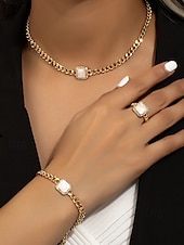 baratos Colar Feminino-conjunto de joias de corrente de ouro feminino com pedra preciosa quadrada vermelha – colar, pulseira e anel para casamentos, festas e ocasiões elegantes