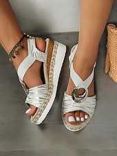 preiswerte Lässige Sandalen-Damen-Espadrille-Keilsandalen im Boho-Stil mit metallischem Ringdetail – Riemchen-Sommerschuhe für Freizeit und Strand