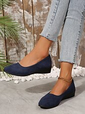 お買い得  レディースフラットシューズ-クッションソールを備えた女性用の柔らかいネイビーブルーのスエードスリッポンフラットシューズ | 普段使いに最適