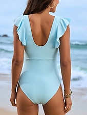 billiga One-piece-baddräkter-Dam Badkläder En bit Monokini Baddräkt Volang Nät Öppen rygg Magkontroll Hög midja Semester Standkläder Ensfärgat V-hals Ärmlös Baddräkter
