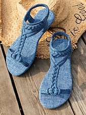billiga Semester Sandaler-bruna flätade platta sandaler med t-rem för kvinnor med elastiskt ankelband - sommarskor i boho-stil för strand- och fritidskläder