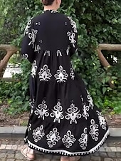 cheap Boho Dress-Women&#039;s Maxi Dress Casual Dress Swing Dress Boho Dress Vintage Ethnic Casual Vacation Daily Regular Fit Floral Long Sleeve Notched Neck Black White Spring Fall