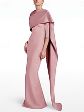 abordables BLEU-Robe de soirée élégante robe fourreau de mariage sur la plage robe de soirée bleu ciel élégante robe formelle longueur maxi manches 3/4 décolleté bijou crêpe extensible avec fente châle