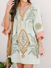 tanie Sukienki boho-Damskie Sukienka mini Codzienne sukienki Sukienka Boho Bohema Zabytkowe Codzienny Urlop Codzienny Regularny Kwiaty Rękaw 3/4 W serek Fuksja Pomarańczowy Zielony Wiosna Jesień