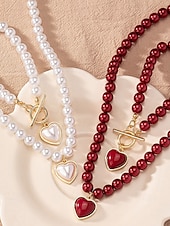preiswerte Halskette für Damen-Set aus Halskette und Armband aus roten Perlen für Damen mit Herzanhänger, goldfarbenem Verschlussdesign, eleganter Schmuck als Geschenk zum Valentinstag, für Hochzeiten und besondere Anlässe