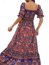 olcso Alkalmi virágos ruhák-Női Maxiruha hétköznapi ruha Boho elegáns ruhák Boho ruha Csehország aranyos stílus Stílusos Vakáció Napi Tengerpart Laza öltözet Grafika Rövid ujjú Aszimmetrikus Rubin Medence Lóhere Nyár Tavasz Ősz