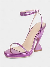 abordables Fête de la Vie Nocturne-sandales à lanières violettes métallisées pour femmes avec talons sculpturaux et bride à la cheville – talons hauts audacieux pour les soirées et les occasions spéciales