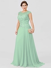 preiswerte Bodenlänge-A-Linie Mutter der Braut Kleid Hochzeitsgast Elegant Plus Size Illusionshals Sweep  Brush Zug Chiffon Perlenbesetzte Spitze Kurze Ärmel ohne Schleife(n) Falten 2025 kostenlose Maßanfertigung