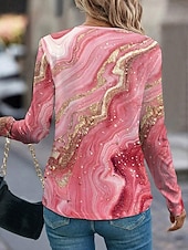 baratos Camiseta de Arte &amp; Design-Mulheres Camiseta Âmbar Casual Manga Longa Pescoço Assimétrico Tops regulares Diário Para Noite Patchwork Botões Imprimir Rosa Outono Inverno