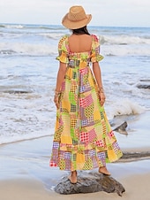 olcso Vakációs ruhák-női alkalmi ruha grafikus geometriai patchwork print pánt nélküli puffos ujjú hosszú ruha maxi ruha alkalmi otthoni munka rövid ujjú nyár ősz