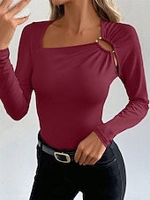 cheap Plain Tops-Women&#039;s Blouse Solid Color Elegant Daily Stylish Long Sleeve Square Neck Regular Tops Daily Holiday Going out Patchwork Black Wine Spring Fall Winter