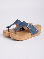 preiswerte Lässige Sandalen-Blaue Keilsandaletten für Damen mit Schnallenriemen und Nietendetails, bequeme Sommerschuhe für die Freizeit und den Strand
