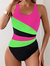 cheap One-piece swimsuits-Women&#039;s Swimsuits One Piece Monokini Swimsuit Backless Tummy Control High Waist Slim Vacation Beach Wear Color Block U Neck Sleeveless Bathing Suits