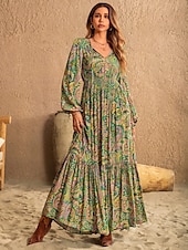 billige Boho-kjoler-Dame Maxikjole Uformell kjole Boho-kjole Fritid Lanterne Erme Hjem Arbeid Daglig Normal Grafisk Langermet V-hals Blå Grønn Regnbue Sommer Vår Høst Vinter