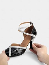cheap Latin Shoes-Black and Gold Crocodile Pattern Dance Shoes for Women with Glitter Strap and Mid Heel - Perfect for Ballroom and Latin Dancing