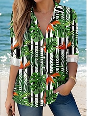 billige Kvinnenes ferietopper-Dame Skjorte Hawaiian Casual Blad Stripet Regular Topper Langermet Skjorte Krage Knapper Print Regular Fit Arbeid Daglig Grønn Sommer Ferie Klær Strandtøy