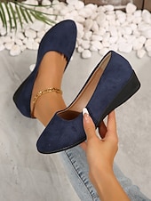 お買い得  レディースフラットシューズ-クッションソールを備えた女性用の柔らかいネイビーブルーのスエードスリッポンフラットシューズ | 普段使いに最適