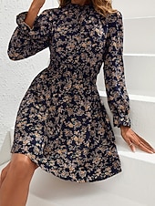 cheap Casual Floral Dresses-Women&#039;s Normal Midi Dress Chiffon Dress Elegant Vacation Date Regular Fit Floral Graphic Long Sleeve Stand Collar Navy Blue Spring Fall