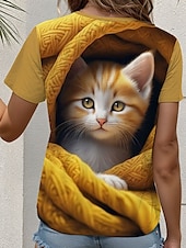 abordables T-shirt Animaux-Femme T shirt Chat mode Décontractées Manche Courte Col V Hauts réguliers du quotidien Imprimer Jaune Eté