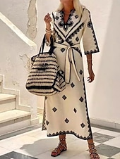 preiswerte Elegante Blumenkleider-Damen Maxidress Boho Chic Kleider A Linie Kleid Elegant Böhmen Kuschelig Urlaub Täglich Strand Regular Fit Graphic Halbe Ärmel V Ausschnitt Grün Beige Grau Herbst Winter