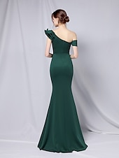abordables VERT-Robe de soirée sirène  trompette robe élégante formelle mariage longueur de sol manches 3/4 une épaule crêpe extensible avec volants 2025