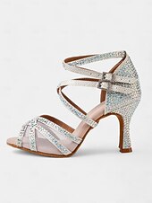 お買い得  ラテンダンスシューズ-クリスタルストラップ付き女性用メッシュラテンダンスシューズ - 社交ダンスやサルサに最適