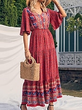 levne Boho šaty-Dámské Maxi šaty Volnočasové šaty Swingové šaty Áčkové šaty Boho šaty Na běžné nošení Denní Běžný Květinový Poloviční rukáv Do V Žlutá Rubínově červená Vodní modrá Léto Jaro Podzim