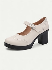 olcso Block Heels-női kék-fehér mary jane vaskos sarkú cipő brogue részletekkel, vintage stílusú kényelmes pumpák irodába, bulikba és mindennapi viseletre