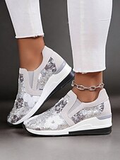 levne Dámské tenisky-dámské květinové flitrové slip-on tenisky - pohodlné třpytivé ležérní boty s klínovou podrážkou, ideální na procházky nebo párty