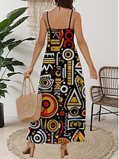 preiswerte Kunst &amp; Design Kleider-Damen Maxikleid Freizeitkleid Sommerkleid A-Linie Kleid Freizeit Fließend Urlaub Freizeit täglich Reguläre Passform Grafik Ärmellos V-Ausschnitt Schwarz Sommer Frühling Herbst