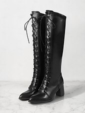 baratos Botas da moda-botas femininas elegantes de couro sintético marrom com cadarço e salto bloco | perfeitas para o outono e inverno