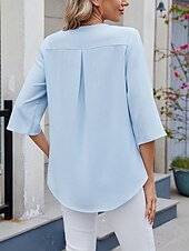 billige Kvinne Enkle Topper-Dame Skjorte Bluse Helfarge Grunnleggende Fritid 3/4 ermer V-hals Vanlige topper Daglig Drapering Lapper Himmelblå Fuksia Grønn Sommer Vår
