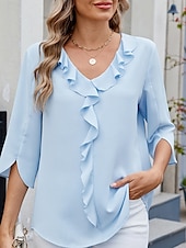 billige Kvinne Enkle Topper-Dame Skjorte Bluse Helfarge Grunnleggende Fritid 3/4 ermer V-hals Vanlige topper Daglig Drapering Lapper Himmelblå Fuksia Grønn Sommer Vår