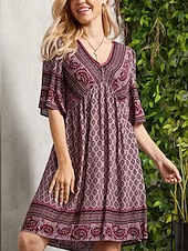 preiswerte Ausgefallene Kleider-Damen Minikleid Casual kleid A Linie Kleid Boho-Kleid Böhmen Ethnisch Brautkleider schlicht Urlaub Täglich Regular Fit Blumen 3/4 Ärmel V Ausschnitt Purpur Fuchsie Grün Frühling Herbst