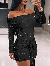 olcso Bodycon Club Dresses-női bodycon sima nyakkendő elöl flitterek vállról mini ruha szexi napi hosszú ujjú ősz